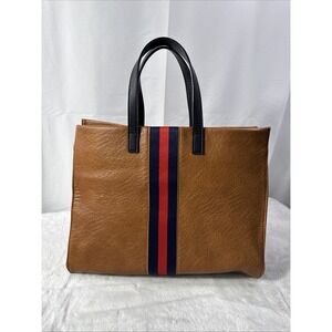 Mode Luxe Julian Tote With Strap  Brown Exterior With Navy Blue/ Strip